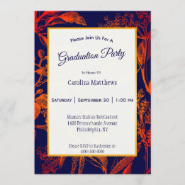 Invitation Marine moderne Orange Feuilles Floral Graduation