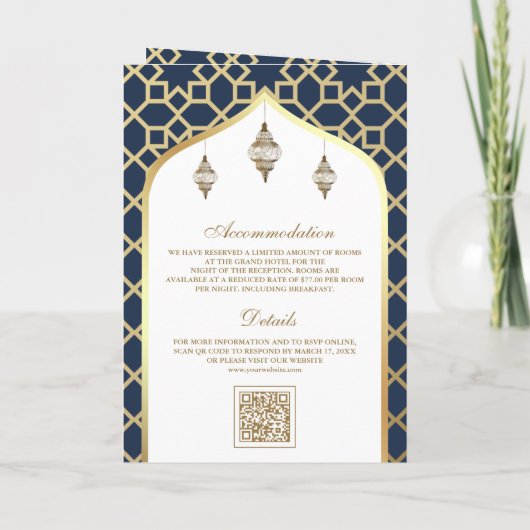 Invitation Marine Motif islamique d'or QR Code Mariage musulm (Dos)