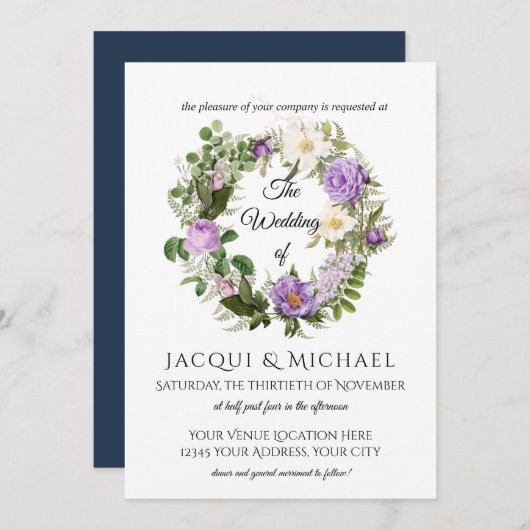 Invitation Marine n Lavender Ivory Roses w Fern Wreath Mariag (Devant / Derrière)