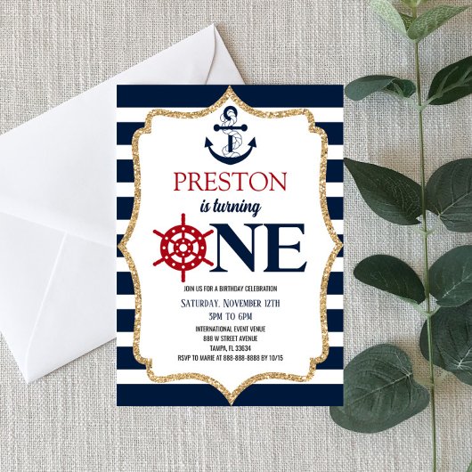 Invitation Marine Nautique Bleu Un 1er premier anniversaire