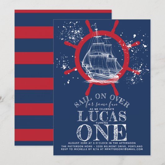 Invitation Marine Nautique Premier anniversaire bleu (Devant / Derrière)