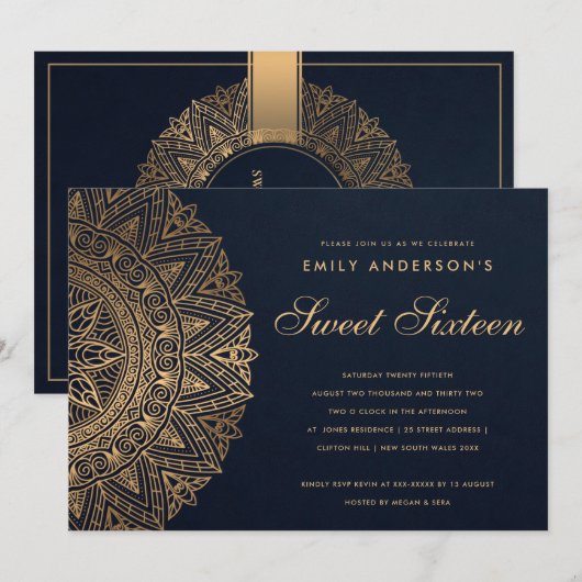 INVITATION MARINE OR CLASSIQUE ORNATE MANDALA SWEET 16 ANNIVE (Devant / Derrière)