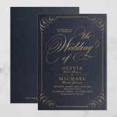 Invitation Marine or élégante calligraphie vintage mariage (Devant / Derrière)