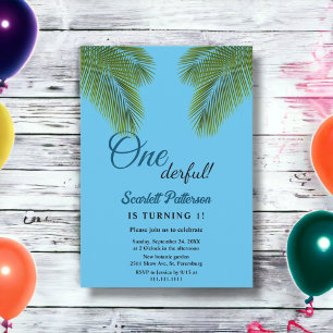 Invitation Marine Palm Tropical Feuille Green Beach 1er anniv