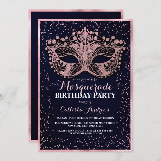 Invitation Marine Parties scintillant rose Confetti Masquerad (Devant / Derrière)