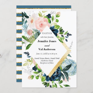 Invitation Marine Peach et or Aquarelle Mariage floral