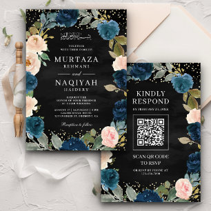 Invitation Marine Pêcher Floral QR Code Black Muslim Mariage