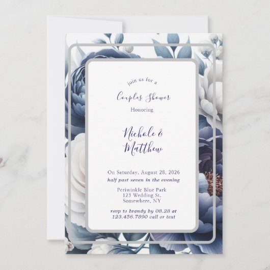 Invitation Marine Peonies Bleues & Roses Blanches Couples Dou (Devant)