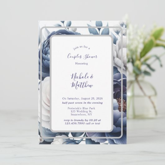 Invitation Marine Peonies Bleues & Roses Blanches Couples Dou (Debout devant)