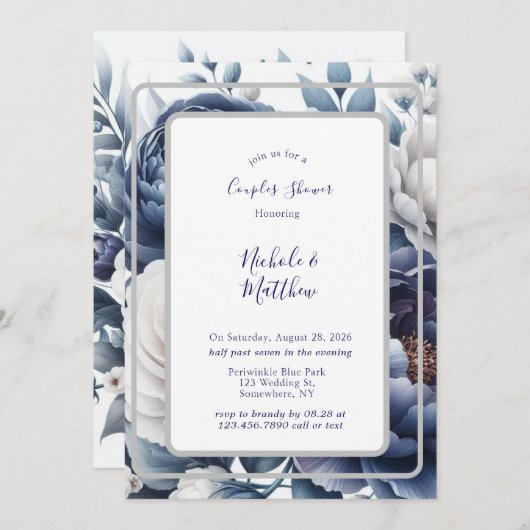 Invitation Marine Peonies Bleues & Roses Blanches Couples Dou (Devant / Derrière)