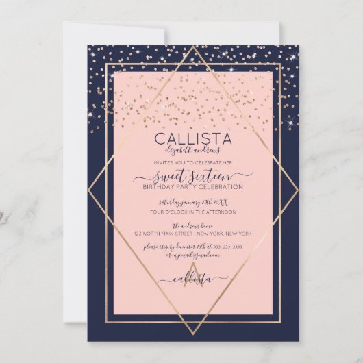 Invitation Marine Pink Gold Confetti Bordure Sweet 16 (Devant)