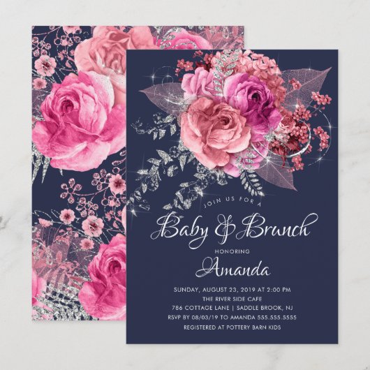Invitation Marine Pink & Silver Floral Baby Brunch Douche (Devant / Derrière)
