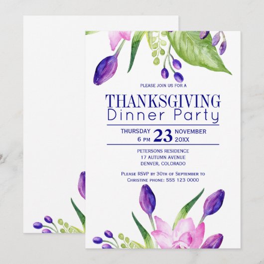 Invitation Marine prune élégant floral fête de Thanksgiving d (Devant / Derrière)