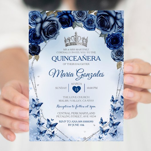 Invitation Marine Quinceañera Argent papillon de la Couronne 