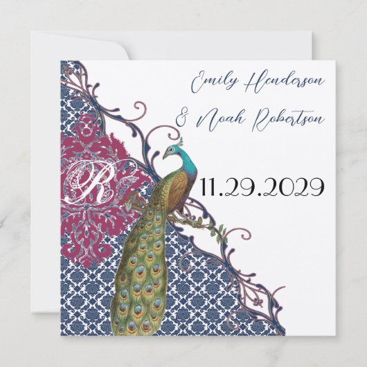 Invitation Marine & Raspberry Peacock Damask Enregistrer la d (Devant)