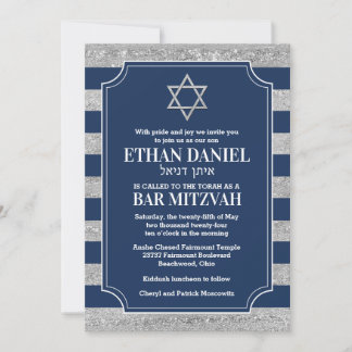Invitation Marine rayée, Grey Bar Mitzvah Étoile de David