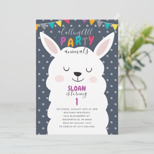 Invitation Marine Rayures colorées Lama Fun Anniversaire (Debout devant)