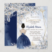 Invitation Marine Robe Bleue fille, Fleurs Bleues Quinceanera (Devant / Derrière)
