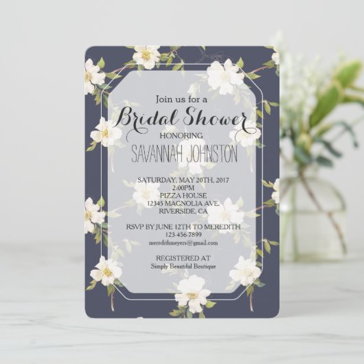 Invitation Marine Romantique Bleu Blanc Floral Douche nuptial (Debout devant)
