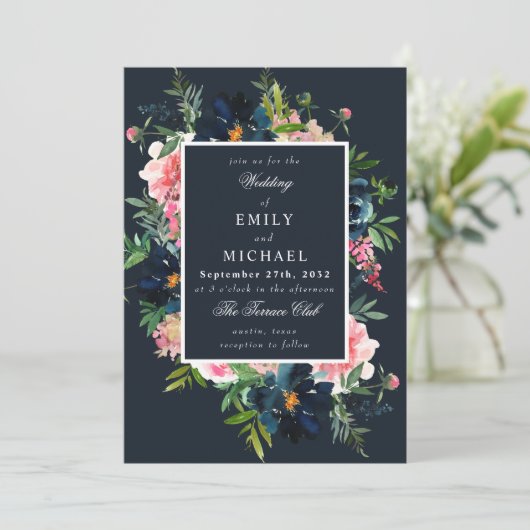 Invitation Marine Romantique Bleu Bleu rose floral rose (Debout devant)