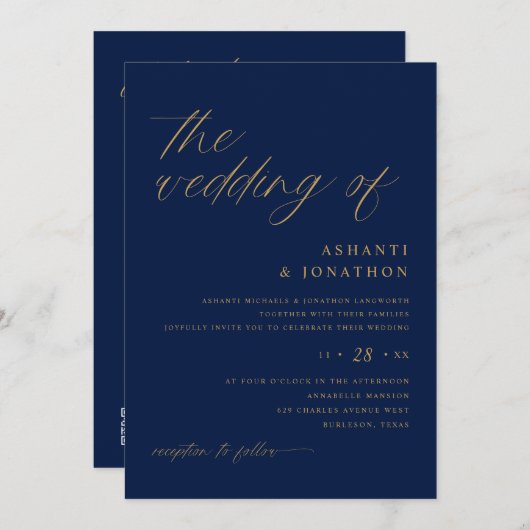 Invitation Marine romantique douce et or tout en un Mariage (Devant / Derrière)