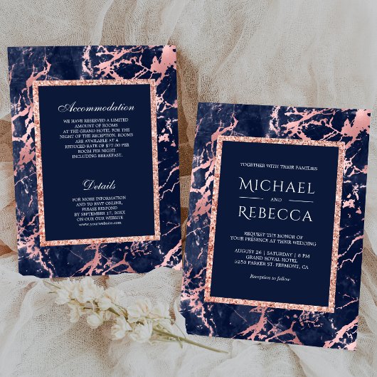 Invitation Marine Rose en marbre bleu or tout en un Mariage