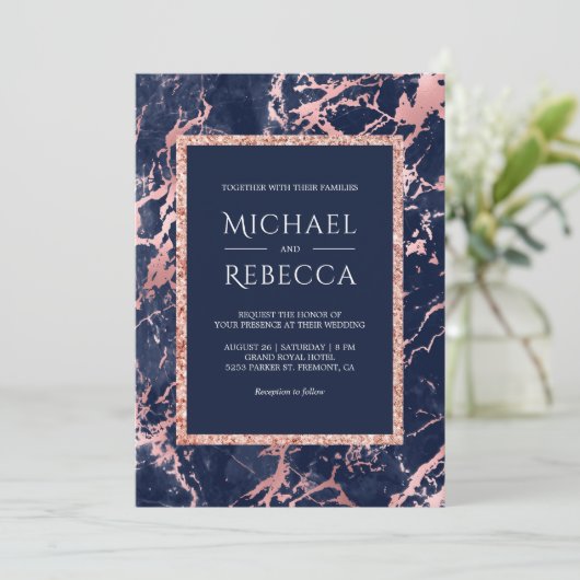 Invitation Marine Rose en marbre bleu or tout en un Mariage (Debout devant)