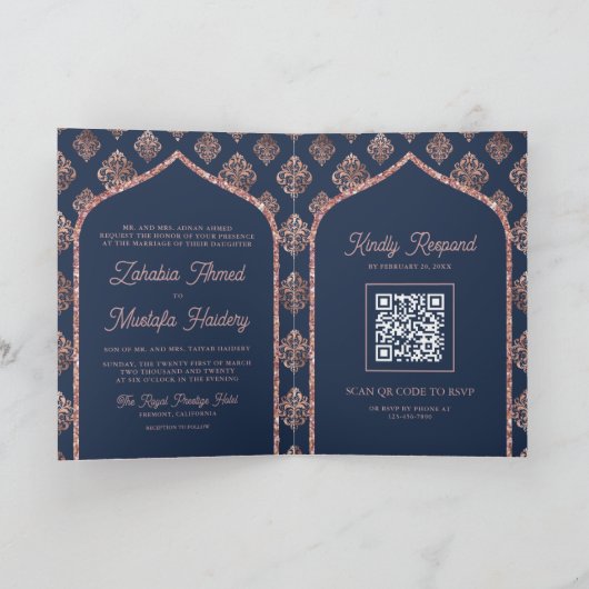 Invitation Marine Rose Gold Damask Arch QR Code Musulman Mari (Intérieur)