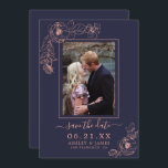 Invitation Marine Rose Gold Floral Photo Wedding Enregistrer<br><div class="desc">Mariage photo simple et chic enregistrer l'invitation de date en bleu foncé avec un cadre en or rose subtil et élégant contour floral or rose vous pouvez customiser avec votre photo fiançailles. Ajoutez simplement les détails de votre prochain mariage. Si vous avez besoin d'aide ou de produits correspondants, veuillez nous...</div>