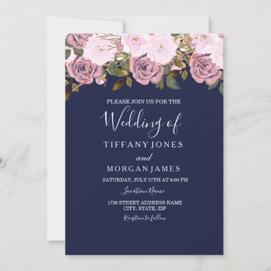 Invitation Marine Rose Rose Rose Rose Floral Mariage Invitati (Devant)