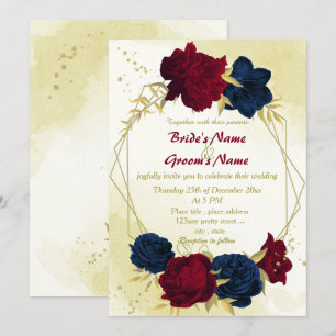 Invitation marine rouge fleurs or feuille mariage géométrique