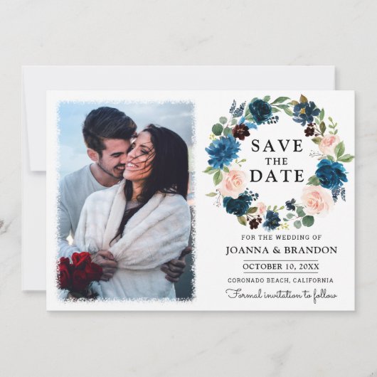 Invitation Marine Royal Blue Blush Floral Enregistrer la date (Devant)
