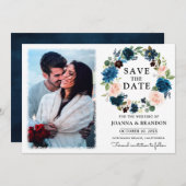 Invitation Marine Royal Blue Blush Floral Enregistrer la date (Devant / Derrière)