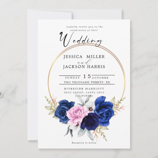Invitation Marine | Royal Blue Blush Rose FlorMariage (Devant)