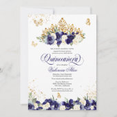 Invitation Marine Royal Blue Floral Tiara Butterfly Quinceane (Devant)