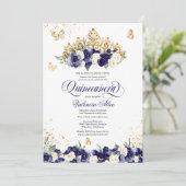 Invitation Marine Royal Blue Floral Tiara Butterfly Quinceane (Debout devant)