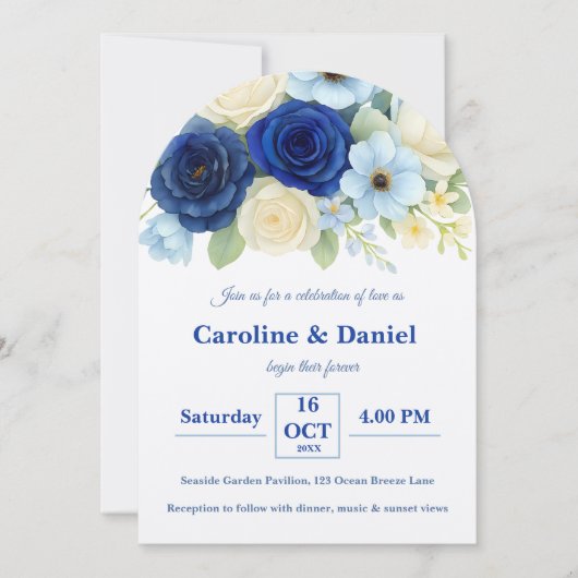 Invitation Marine Royal Bue Mariage Aquarelle couleur ivoire  (Devant)