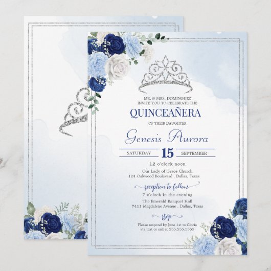 Invitation Marine Royal Light Bleu Argent Rose Flor Quinceañe (Devant / Derrière)