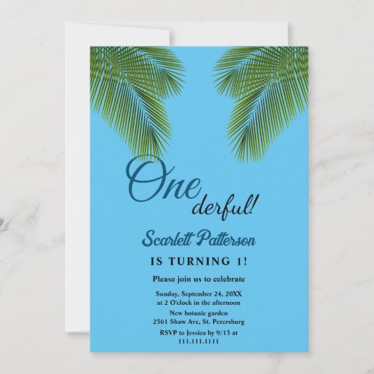 Invitation Marine Tropical Green Palm Plage Feuille 1er anniv (Devant)