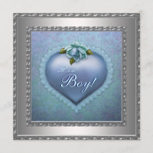 Invitation Marine Turquoise Blue Damask Baby Boy Douche