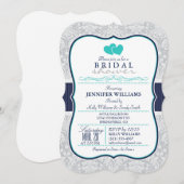 Invitation Marine, Turquoise, Gris Damask Fête des mariées (Devant / Derrière)
