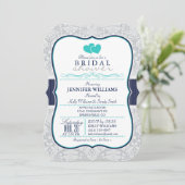 Invitation Marine, Turquoise, Gris Damask Fête des mariées (Debout devant)