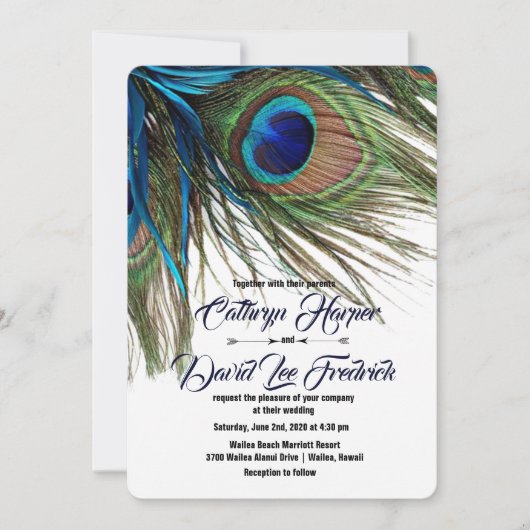 Invitation Marine Turquoise Peacock Feather Boho Wedding Invi (Devant)