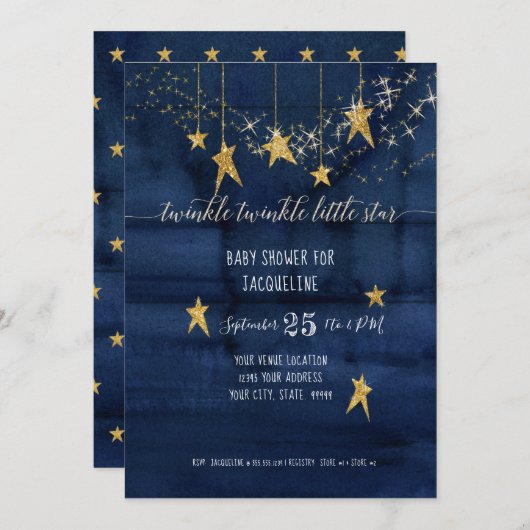 Invitation Marine Twinkle Little Star Gold Baby shower garçon (Devant / Derrière)