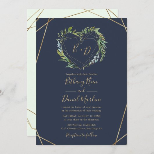 Invitation Marine Vert avec Mariage de cadre cardiaque géomét (Devant / Derrière)