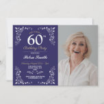 Invitation Marine White Birthday Womens Classy 60th Photo<br><div class="desc">Navy White Elegant Birthday Womens Classy 60e invitation SIMPLEMENT CHANGER LE TEXTE POUR CONVENIR À VOTRE FÊTE. Impression arrière incluse.</div>