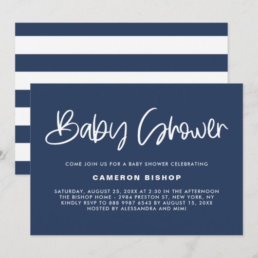 Invitation Marine & White Cute Moderne Baby shower de calligr (Devant / Derrière)