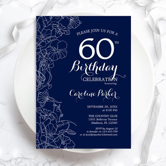 Invitation Marine White Floral 60e fête d'anniversaire