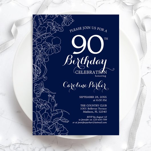 Invitation Marine White Floral 90e anniversaire