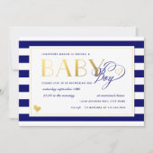 Invitation Marine & White Stripe Faux Gold Boy Baby shower (Devant)